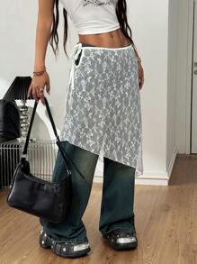 Coolane Contrast Lace Asymmetrical Hem Knot Side Sheer Skirt,Back To School Clothes - White - View 1