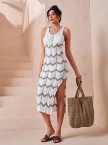 RueChic Sleeveless Chevron Patterned Knit Midi Dress In White And Black With Ribbed Texture And Slim Fit Design - Brown - View 1