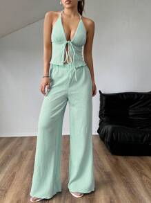 Flirla 纹理面料褶皱挂脖宽松阔腿裤套装 - 薄荷綠 - 查看 6