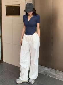 DAZY 女式短袖 Polo 领修身 T 恤，返校服装 - 藏蓝色 - 查看 6