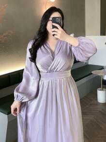 Dazy Plus Plus Size Long Purple V-Neck Lantern Sleeve Shiny Waist Fit Formal Dress, Spring/Fall, Dress For Wedding Long Sleeve Dress Prom Dress Elegant Women Dresses - Purple - View 9