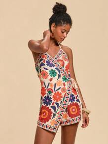 Travachic Damen Blumenmuster Neckholder Romper, Lässig Sommer Urlaub, bedruckter ärmelloser Romper, grafischer Muster Sommer Outfit für Damen, Urlaubs Outfit Frau, Boho Chic, Strand Outfit für Frau, Lässig Frau fließendes Sonnenkleider Boho Damenmode, Tropische Outfits Frauen, Abschlussoutfit, Old Money Stil Frauen, Sommer Sonnenkleid, Schleife an den Schulterträgern