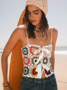 Easelle 2025 Spring And Summer Women Bohemian Style Beach Vacation Island, Women Crochet Floral Woolen Bowknot Decor Hollow Out Knit Top