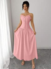 Elenzga Abito elegante e casual da indossare tutti i giorni, in stile europeo e americano, con spalline a spaghetti e balza sul fondo, arricciature in vita e decorazione in metallo, adatto per uscite, appuntamenti, vacanze, pendolarismo e altre occasioni, ideale per la fotografia