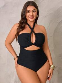 Swim Lushoire Plus Size Women Solid Color Strapless Drawstring Spaghetti Strap One-Piece Swimsuit, Casual & Holiday Style For Summer Beach Vacation - Black - View 3