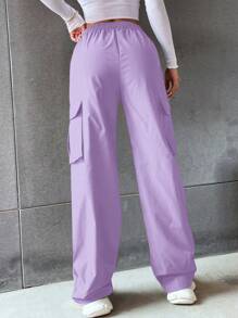 Hanevo Celana Panjang Kasual Model Lurus dengan Pinggang Elastis dan Kantong, Warna Polos - Purple - View 2