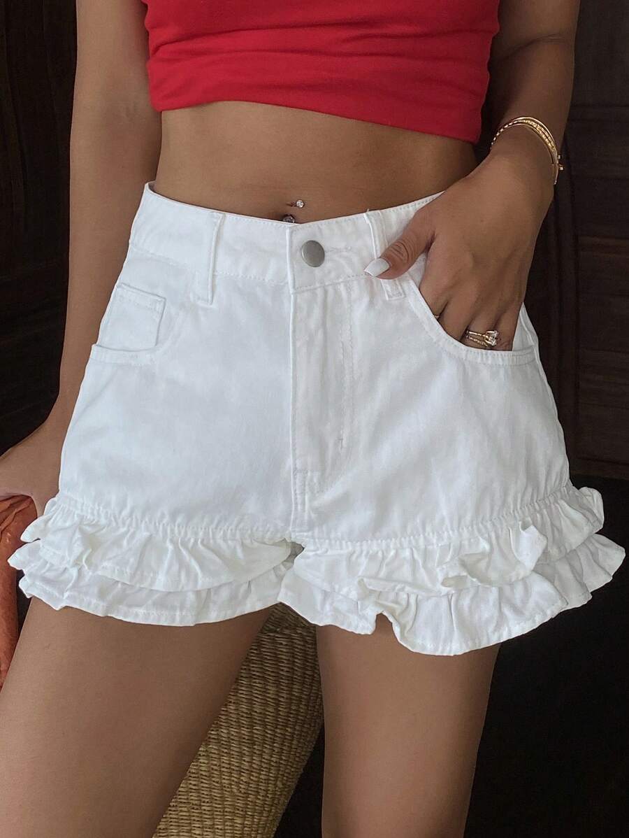 DAZY Women's Summer Low Waist Ruffled Cute Denim Shorts Y2k - White - View 1