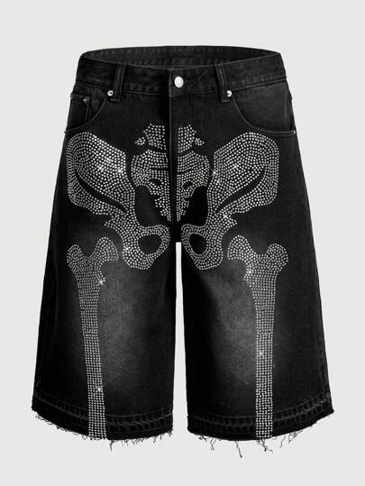Street Life Men's Gothic Loose Fit Wide Leg Denim Shorts With Pockets And Glitter Diamond Rhinestone Pattern