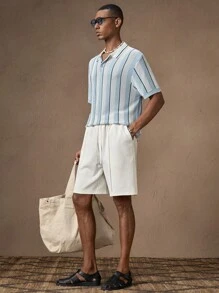 AKNOTIC Men's Loose Elastic Waist Plain Color Knitted Casual Shorts, Suitable For Summer, Vacation, Daily Matching, Party, Gift For Men, School - White - View 2