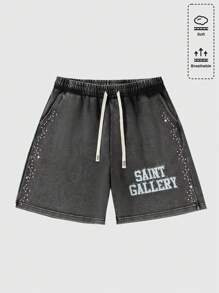 ROMWE MEN Street Life Herren bunte Buchstaben und Diamanten Muster Shorts mit Kordelzug Taille und Taschen, verwaschen - Schwarz - Übersicht 1