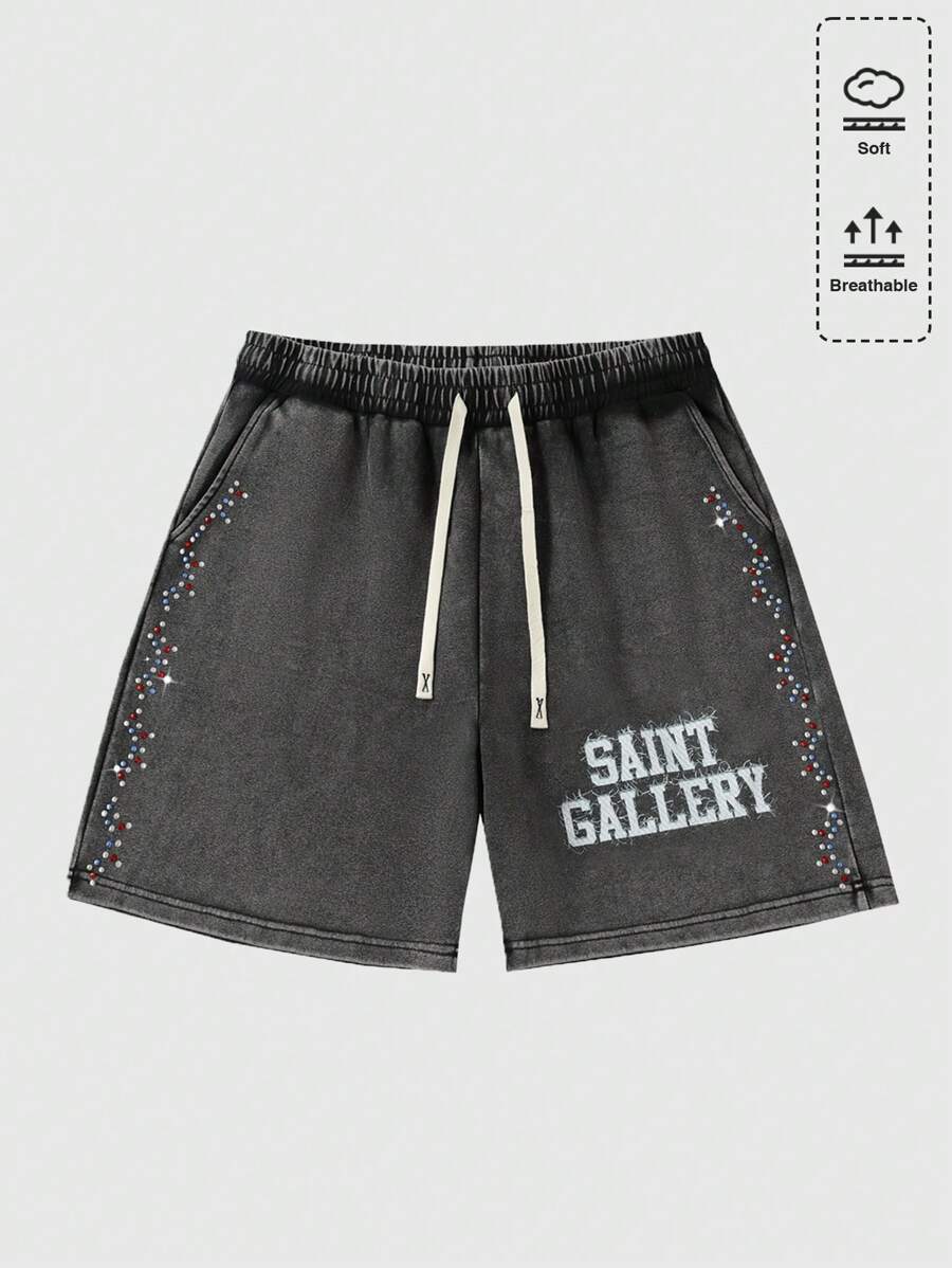 ROMWE MEN Street Life Herren bunte Buchstaben und Diamanten Muster Shorts mit Kordelzug Taille und Taschen, verwaschen - Schwarz - Übersicht 1