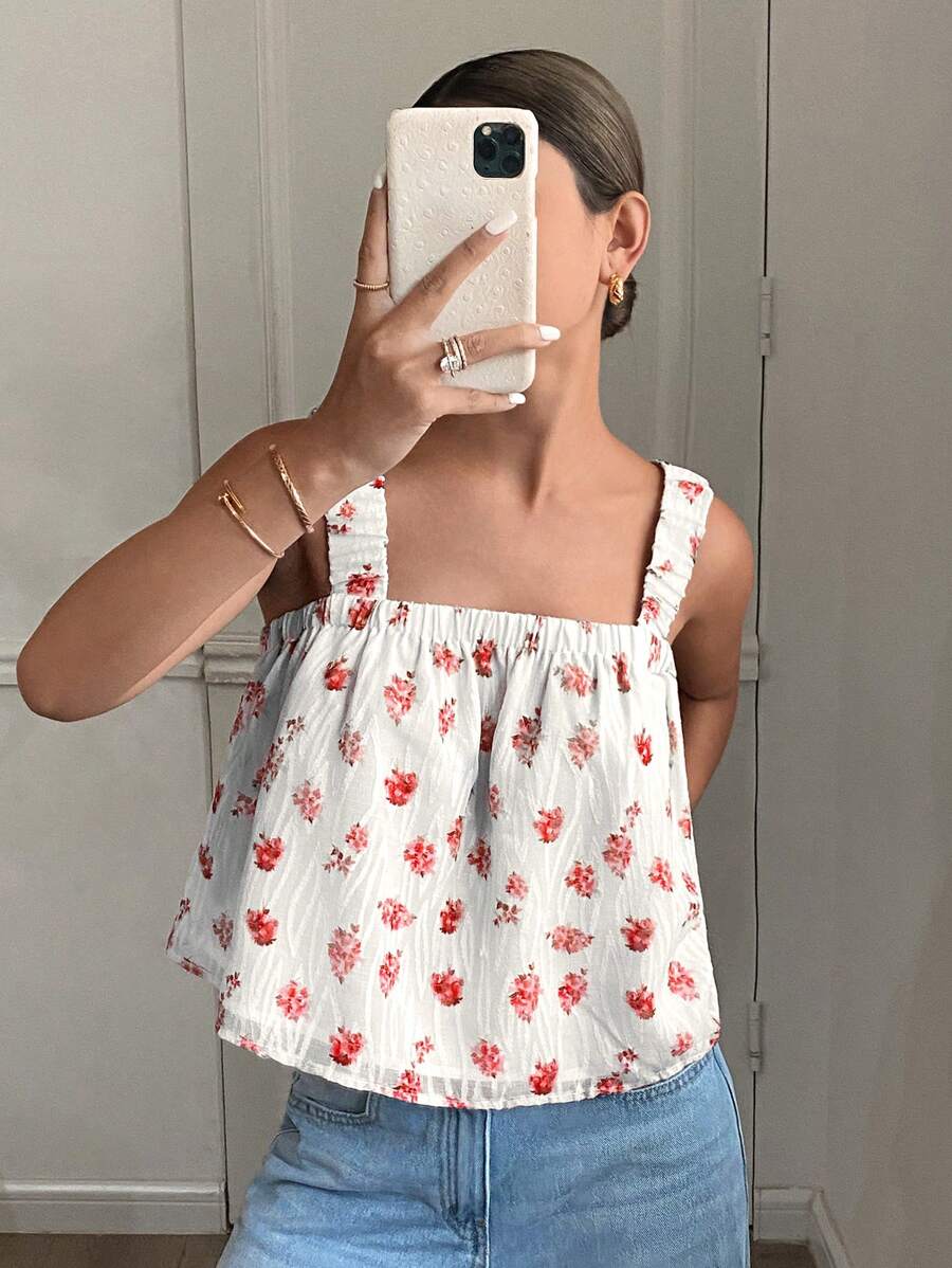 SHEIN Frenchy 女士度假印花编织提花后系带荷叶边下摆背心，夏季度假露背欧洲夏季露背上衣，碎花图案狂欢上衣狂欢伊比沙岛海滩可爱外出上衣生日度假