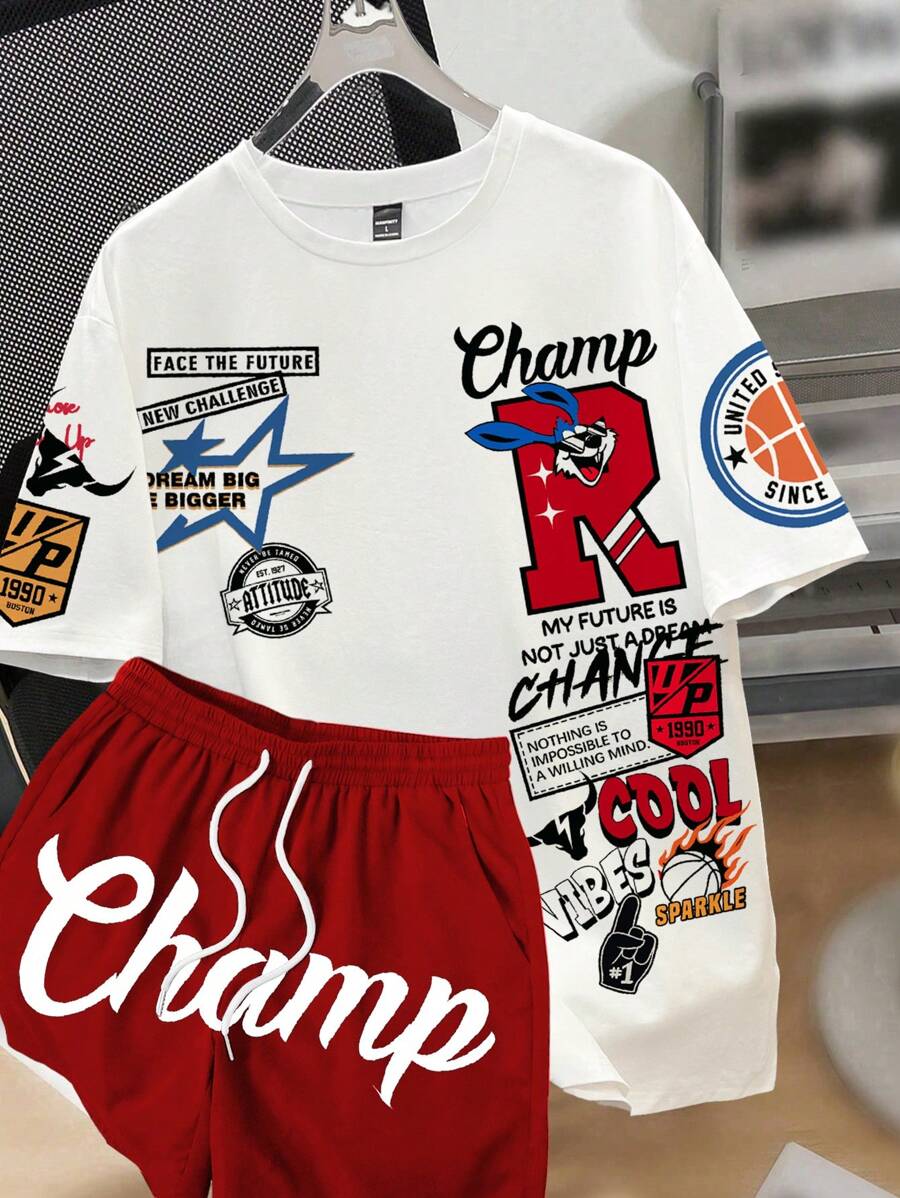 Manfinity Joysei Men's Casual Letter & Rabbit Graphic T-Shirt Set - Red and White - View 1