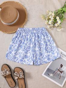 Tween Girl Floral Print Loose Shorts - Black - View 2