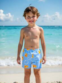 Cute Young Boys Blue Background Duck & Bubble Print Swimming Trunks Youth Boys Shorts Young Boys 2 Pieces Young Boys Casual Sets Young Boys Suit Set Beach Clothes For Boys