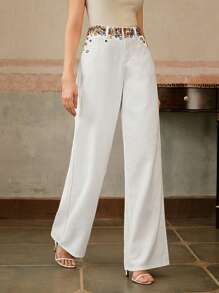 Anewsta Women's Elegant White Straight Leg Pants With Colored Button Pocket Decor - White - View 5