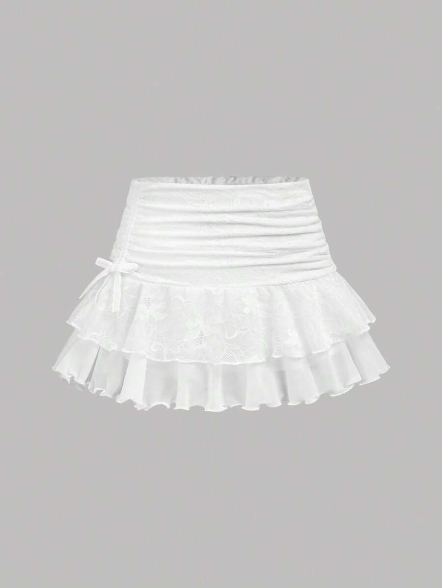 Girlism Tween Girl 白色 Y2K 夏季春季蕾丝网眼双层褶皱系带开衩裙 - 白色 - 查看 1