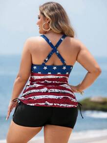 Swim Lushoire Plus Size Women's Random USA Flag Print Casual Beach V-Neck Drawstring Side Tankini Set, 4th Of July For Summer Beach Vacation - Black - View 2