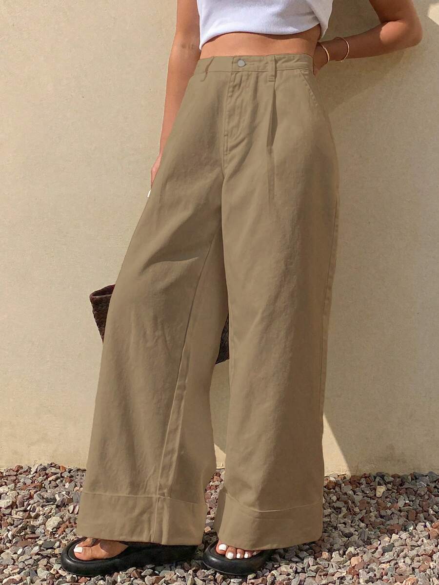 Livesso 女士春季休闲宽松纯色牛仔裤,夏季新品 - 卡其色 - 查看 1