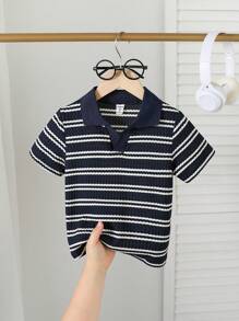 SHEIN 1pc Young Boy Casual Collegiate Waffle Stripe Pique Polo Shirt, Suitable For 4-7 Year Old Boys To Wear In Spring & Summer, Suitable For Outdoor, School, And Home Wear - Royal Blue - View 7