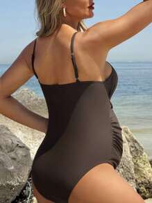 SHEIN Pregnant Women's Sexy Hollow-Out One Piece Swimsuit For Summer Beach Vacation - Brown - View 2