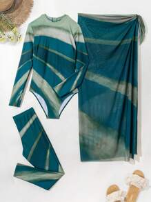 Swim Shayni 3 件套女士保守泳衣，浪漫花卉印花，全身覆盖泳衣，包括长袖上衣、长裤沙滩装