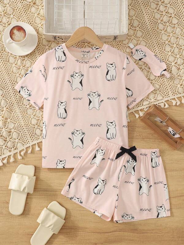 SHEIN Tween Girls 3pcs Set: Short Sleeve T-Shirt With Cute Pattern, Shorts With 3D Bow Decor, And Sleep Mask