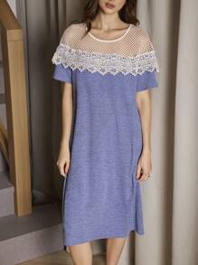 SHEIN New Casual Hollow-Out Lace Patchwork Open Shoulder Round Neck Short Sleeve A-Line Nightgown, Summer