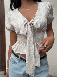 SHEIN Unity 女式休闲碎花泡泡袖收腰衬衫，夏季 - 杏色 - 查看 1