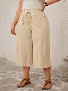 SHEIN VCAY Plus Size Leisure Solid Color High Waist Loose Pants,Summer Pants - Khaki - View 4