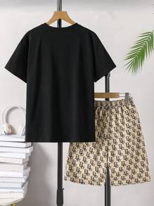 SHEIN 2件套青少年男孩夏季休闲字母印花T恤和短裤套装 - 黑色 - 查看 2