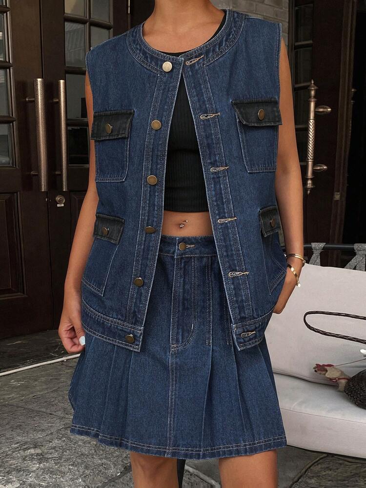 Women Summer Casual Loose Sleeveless Denim Jacket And Skirt 2-Piece Set,Fall Clothes