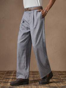 AKNOTIC X Nawaf Alabid 男士梭织格子裤配腰带，休闲宽松直筒长裤适合夏季、度假、日常搭配、聚会、情侣装，男士礼物 - 卡其色 - 查看 1