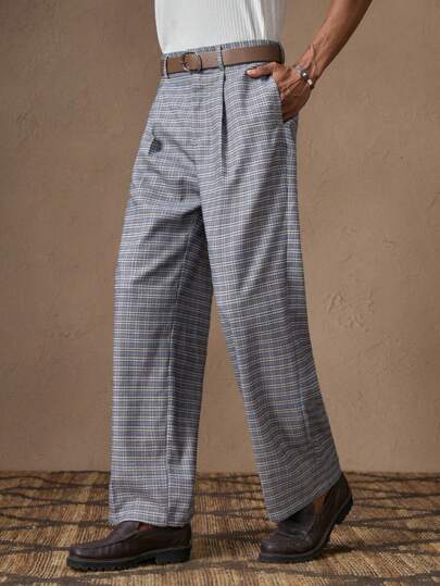 AKNOTIC X Nawaf Alabid 男士梭织格子裤配腰带，休闲宽松直筒长裤适合夏季、度假、日常搭配、聚会、情侣装，男士礼物