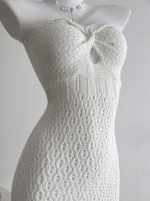 SHEIN Unity Sexy Off-Shoulder Openwork Knit Vacation Dress - Apricot - View 3