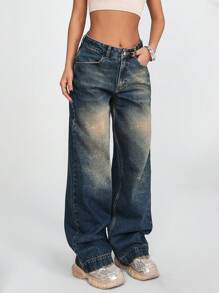 RueChic Quần jean ống đứng cạp vừa dáng rộng phong cách Y2K cho nữ, quần cargo baggy nữ, quần jean ống rộng nữ size lớn, quần dài nữ mặc mùa hè - Rửa tối - Xem 5