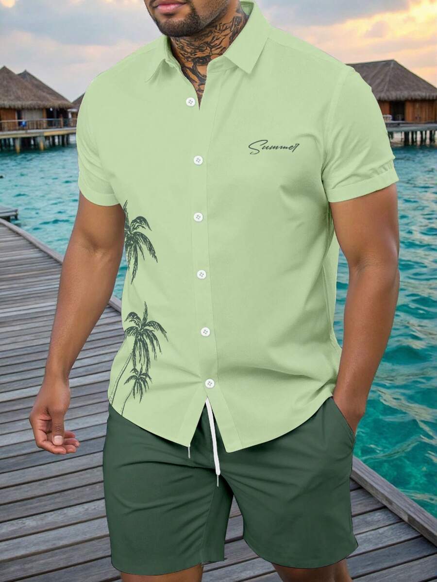 Manfinity RSRT 2 buc/set bărbați, cămașă cu mânecă scurtă și pantaloni scurți, ținute de vacanță de vară, ținute de vacanță pe insulă, ținute de vacanță pentru bărbați, ținute de vacanță, ținută de vacanță