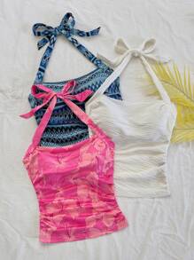 Soleia Casual Summer Beach Wedding Guest Dress, Graduation Brunch Wear, St. Patrick's Day Spring Break Easter Festival Music Festival Elegant Bohemian Tropical Bowknot Up Textured Printed Striped Halter Neck Cami Top
