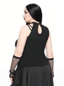 ROMWE Goth Plus Size Punk Eyelet Cutout Fishnet Patchwork Camisole Tank Top - Black - View 4