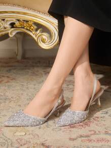 CUCCOO TILAWA Zapatos de tacón alto con puntera puntiaguda y brillo plateado, zapatos de fiesta y boda con adornos de strass, tacones altos delgados para mujer - Plateado - Ver 9