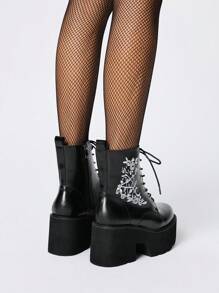 ROMWE Grunge Punk 女士时尚系带厚底踝靴，哥特式花卉刺绣侧拉链战斗靴 - 黑色 - 查看 5