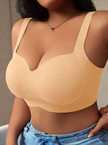 1pc Women's Seamless Wireless Padded Bra With Adjustable Wide Straps, Comfortable Lift And Shapely - Apricot - View 4
