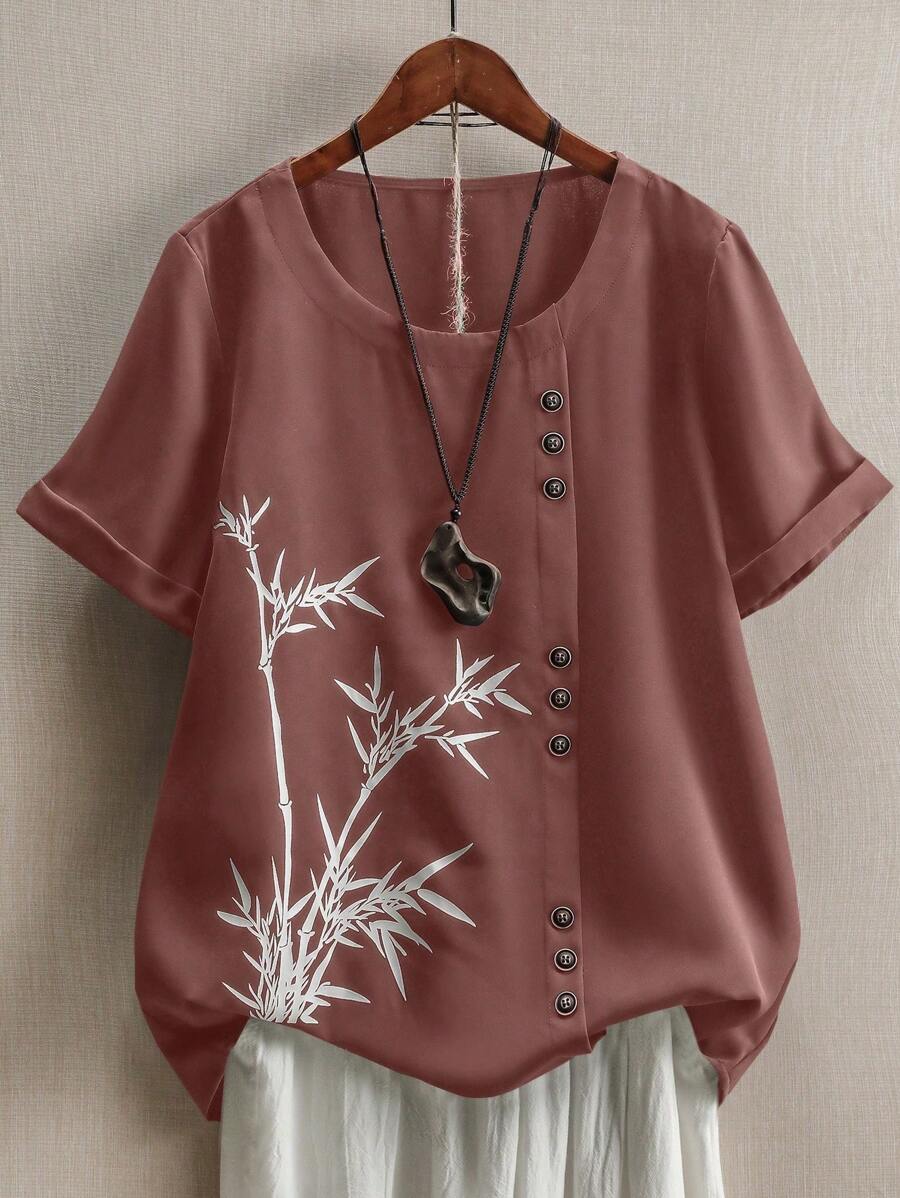 SHEIN LUNE Blus Kasual Nyaman Motif Daun Bambu untuk Wanita - Dusty Pink - View 1