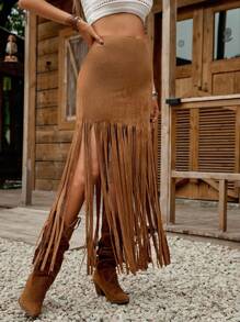 SHEIN LUNE Falda A-Line con bajo con flecos color tostado, adecuada para festivales de música country, primavera/verano