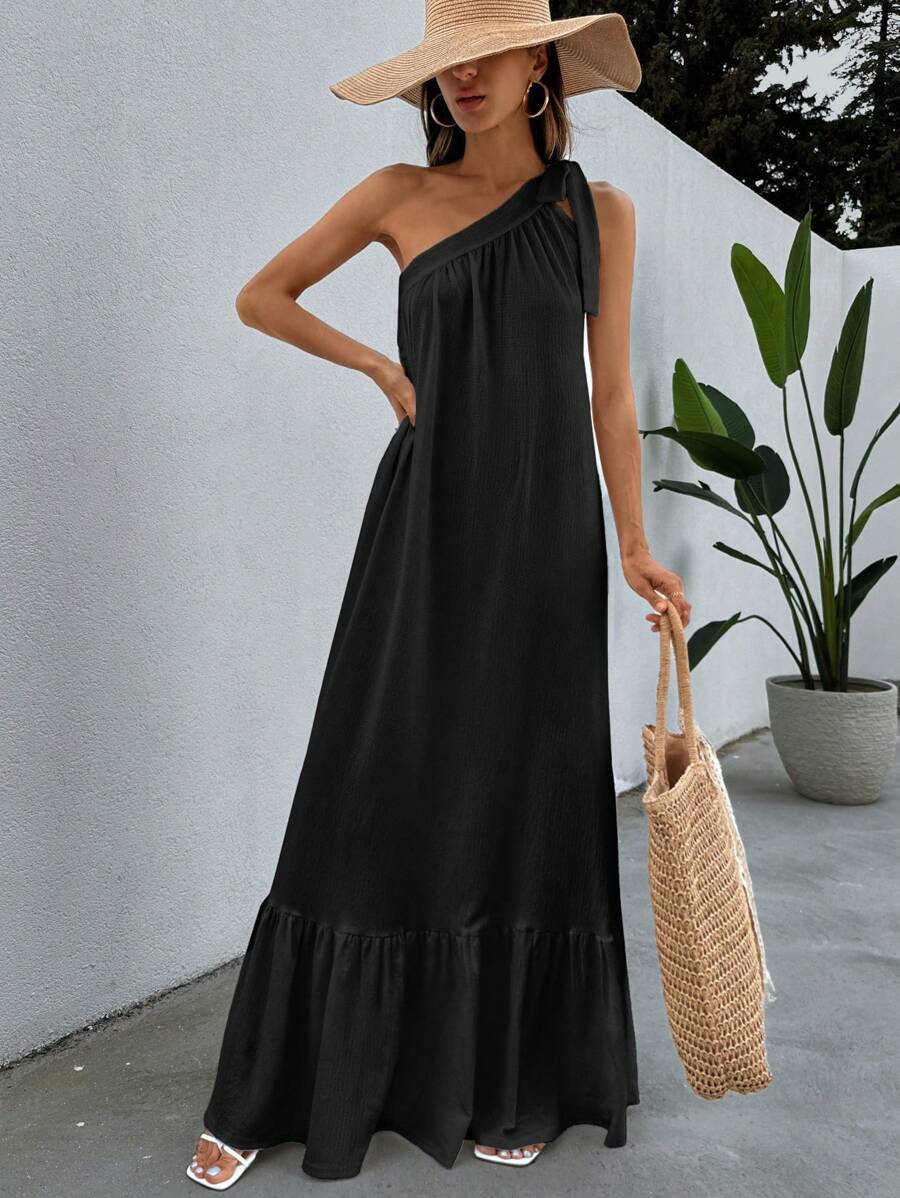 EURMUSE One Shoulder Tie Knot Peplum Maxi Dress - Black - View 1