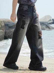 DAZY Jeans rectos de pierna ancha desgastados y lavados en negro con bolsillos ladeados para hombre, para la temporada de primavera