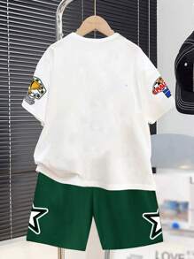 青少年男孩休闲简约圆领短袖短裤两件套，适合夏季 - 白色 - 查看 2
