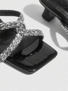 CUCCOO SZL Women's Silver Luxury Rhinestone Chain High Heel Sandals - Black - View 9