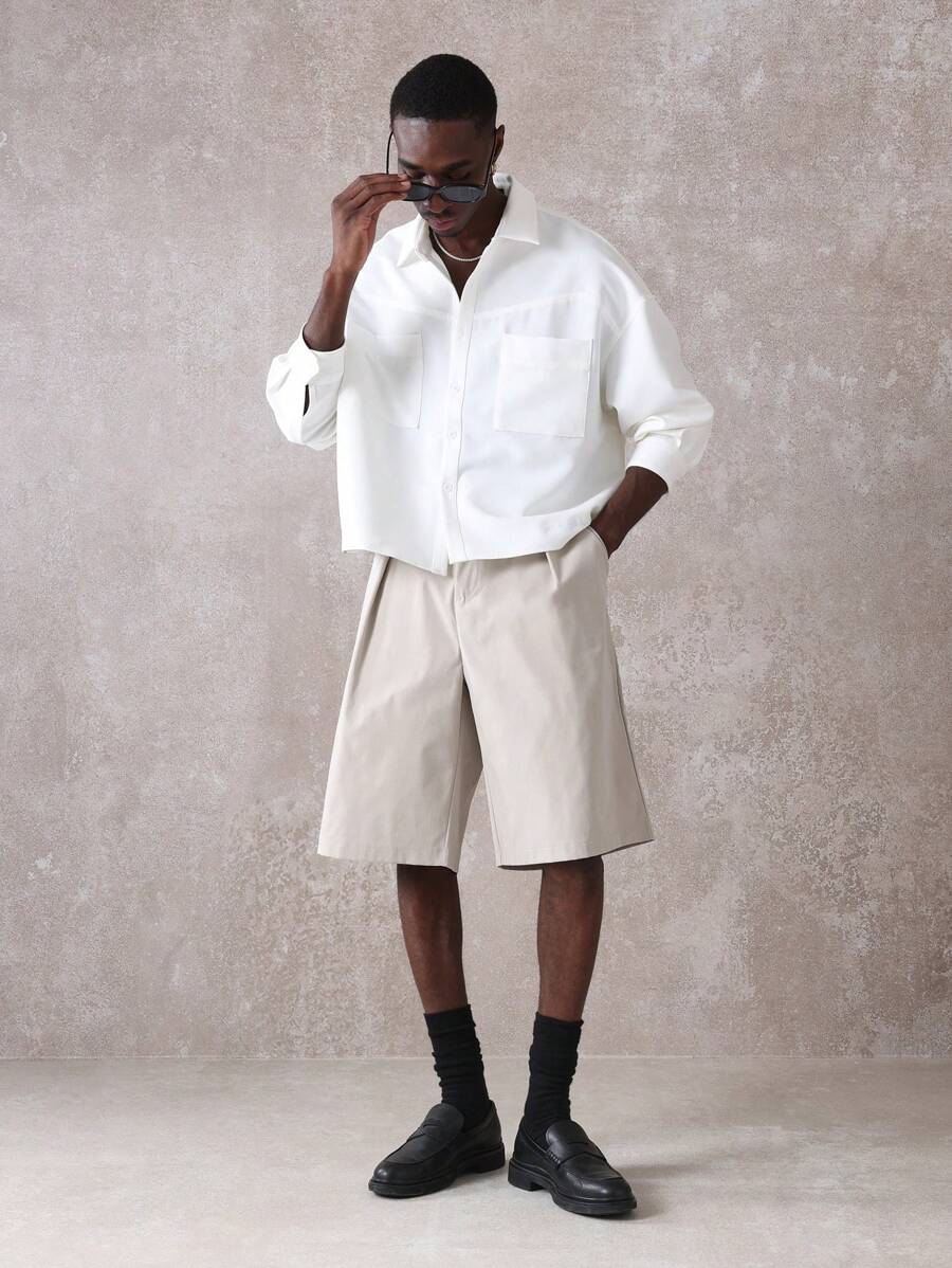 SUMWON Pantalones cortos Bermuda plisados y a la medida de alta calidad, formales y de negocios, de pierna ancha, para caminar, de vestir, para la oficina, de longitud hasta la rodilla, para el verano y la primavera, un clásico - Caqui - Ver 1
