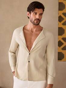 GENTILAND Men's Casual Non-Stretch Woven Solid Color Open Front Long Sleeve Shirt, Suitable For Everyday Wear